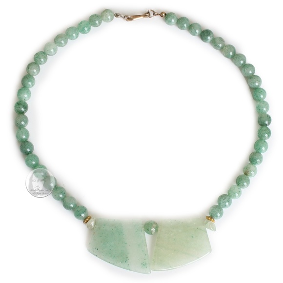 Vintage Jewelry - Vintage Necklace Choker Green Jade Stones Abstract & Round Artisan Handmade 80s